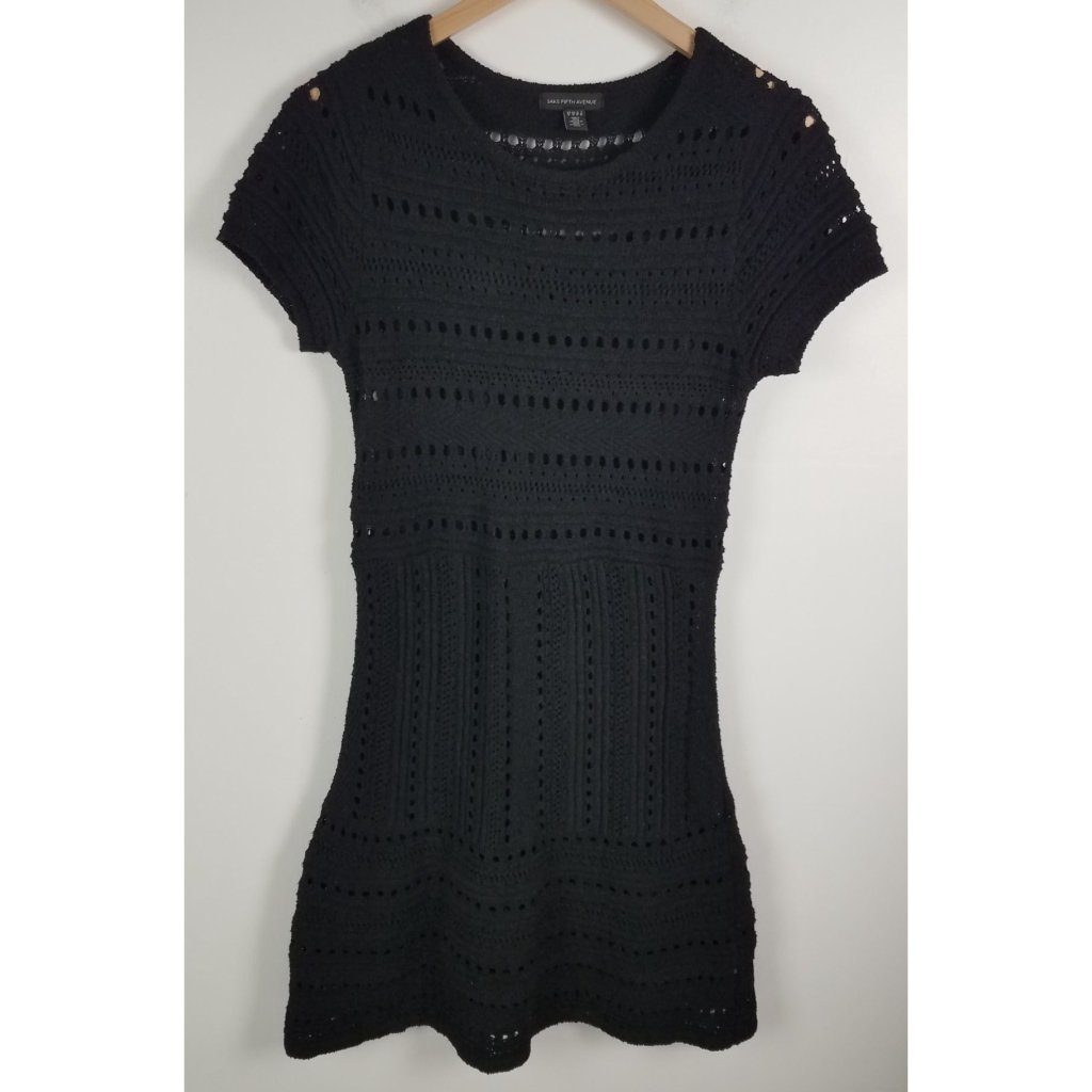 Saks Fifth Avenue Women's Sz. M Black Crochet Knit Midi Cap Sleeve Dress